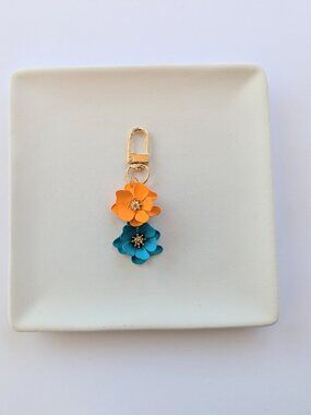 TEAL ORANGE & GOLD FLOWER BAG CHARM